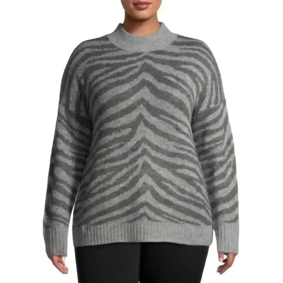Terra & Sky Plus Size 4X Gray Zebra Animal Print Pullover Mock Neck Sweater - Picture 1 of 5